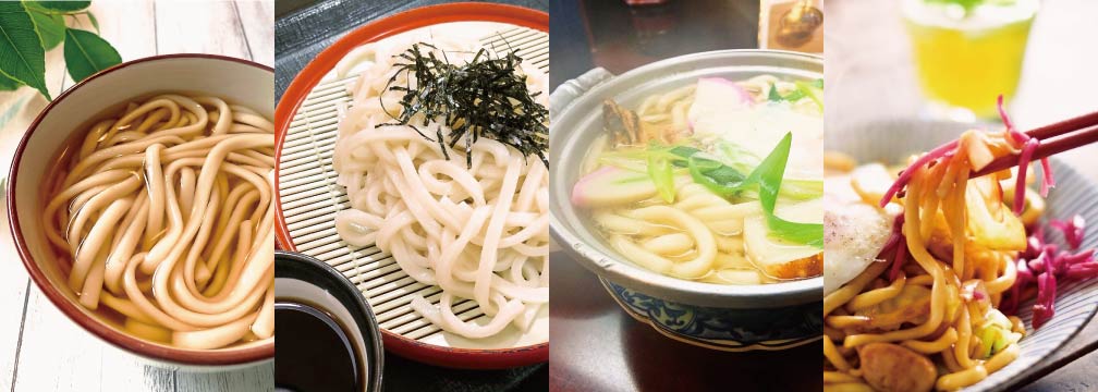 From left to right: Kake-udon or su-udon, Zaru-udon, Nikomi-udon or nabeyaki-udon, and Yaki-udon