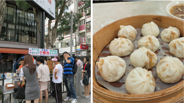 Left: On the street, breakfast is equally anticipated by businesspersons and moms stopping by during morning workout. <br>Right: Xiao-Long-Bao（Small Chinese steamed bun with soup inside）is a classic breakfast menu. 