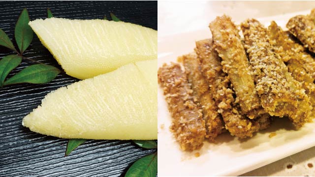 Left: Kazunoko (数の子 herring-roe), Right: Tataki gobo (たたきごぼう pounded burdock roots)