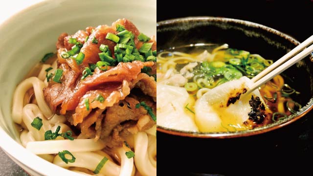 Two udon dishes to energize and empower you; Niku-udon on the left and Chikara-udon on the right.