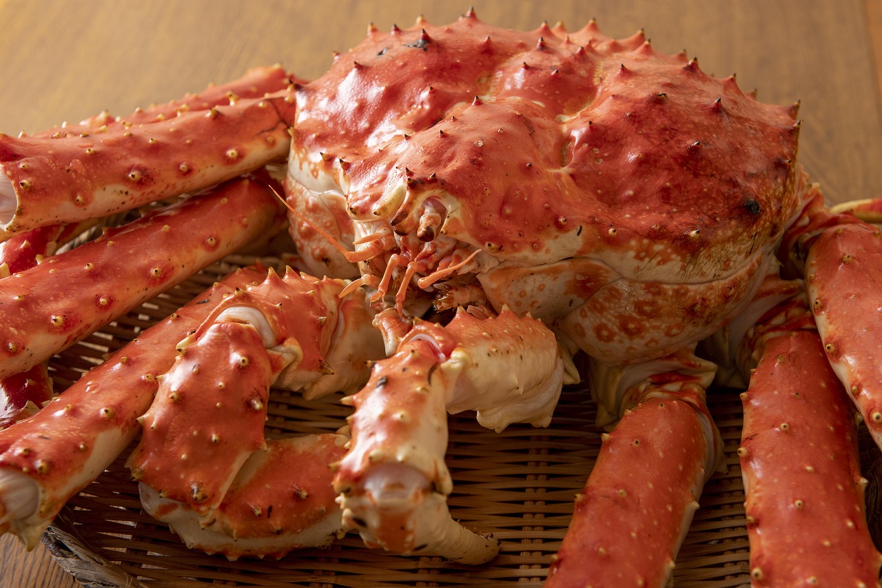 A king crab cooked with TREHA displaying a vivid shell color. Prepared by Chef Meguro. ︎