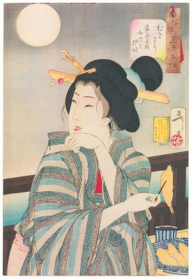 Japanese woodblock print, Ukiyoe, titled LOOKS DELICIOUS (むまそう) by Yoshitoshi Tsukioka in the mid 19th century.