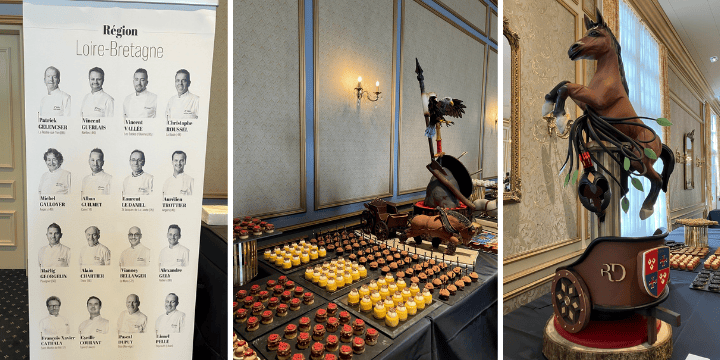 Left：Chefs from the Loire-Brittany Region<br>Middle：Assortment of Exquisite Petits Gâteaux<br>Right：Intricate Chocolate Display by Japanese Chefs<br><br>