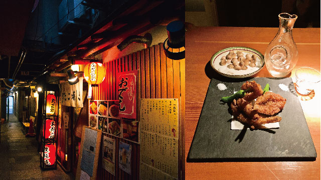 Left: An alleyway Izakaya, a real hidden gem, Right: Seasonal Izakaya menu with ginkgo nuts and Fugu (blowfish) tempura 