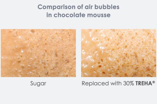 TREHA stabilizes air bubbles, allowing the height of chiffon cake to be maintained, increasing in yield, and maintaining a silky and smooth texture in the mousse.