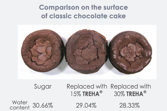 The surface of each sample was compared with differing sugar content, which was added when whipping the meringue.<br>The surface of the sample without TREHA dries easily due to crystallization, whereas TREHA sample maintain a moist crumb.