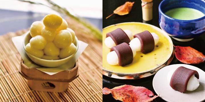 Left: Kanto (Tokyo) style dumplings with moon motif, Right: Kansai (Osaka and Kyoto) style dumplings with taro motif