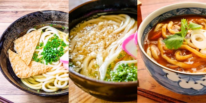From left to right: Kitsune-udon, Tanuki-udon, and Curry udon  