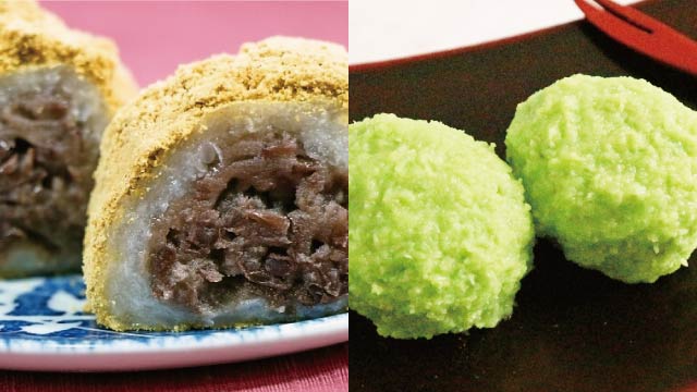 A variety of Ohagi and Botamochi: Kinako covered rice cake with bean paste filling (left), and Zunda paste covered rice cake (right). The applications of filings or coatings vary from family to family.