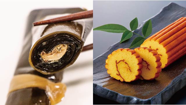 Left: Kobumaki with nishin (昆布巻 Kelp rolls stuffed with fish), Right: Datemaki (伊達巻 Sweet rolled egg pancakes)