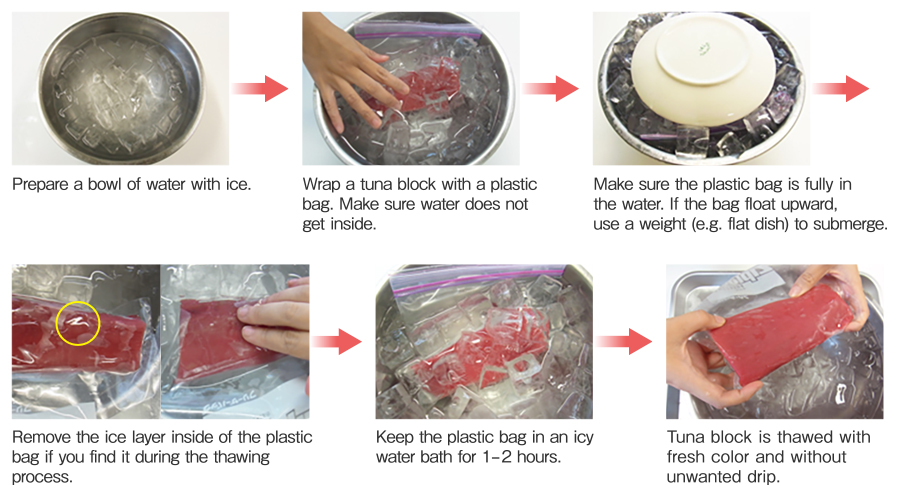 How to thaw frozen tuna filet in icy water