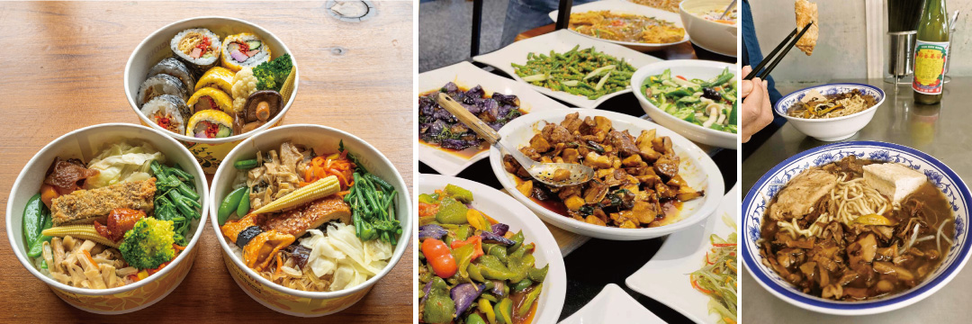 Photo(from left to right): Vegetarian bento box, deli, and noodles from a long-established vegetarian diner that operates only in the morning.