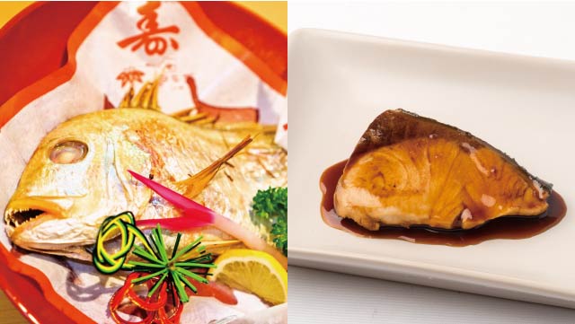 Left: Tai-no-sugatayaki (鯛の姿焼き Grilled sea bream), Right: Buri-no-teriyaki (ぶりの照り焼き Yellowtail teriyaki)