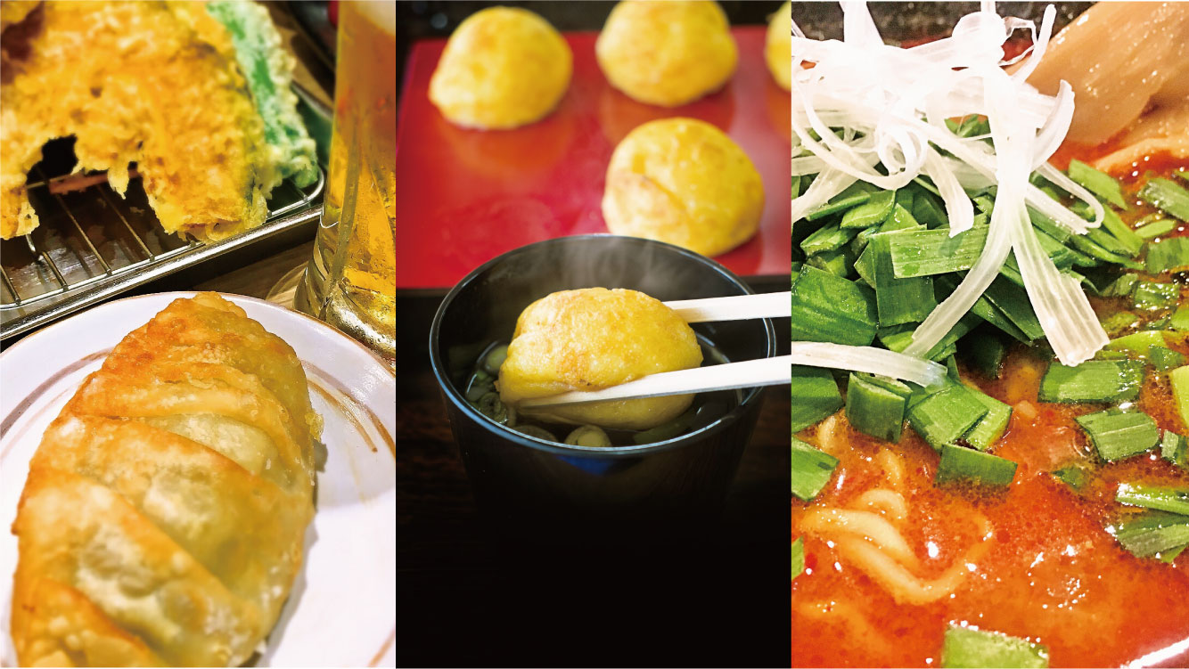 Starting from the left, Tsu Gyoza, Akashiyaki, and Katsuura Tantanmen