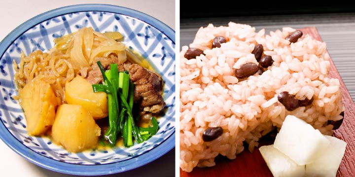 Left: Nikujaga, Japanese meat and potato stew, Right: Sekihan, festive red rice