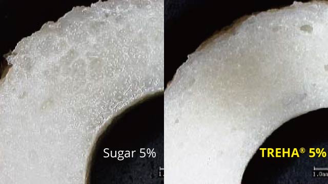 While air bubbles were observed in the sugar sample, the TREHA sample maintained a smooth surface.