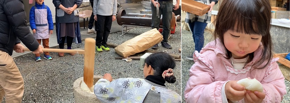The grand family endeavor of mochi-pounding. Grandma's skilled craftsmanship and the children's smiles are the most precious treasures of all.