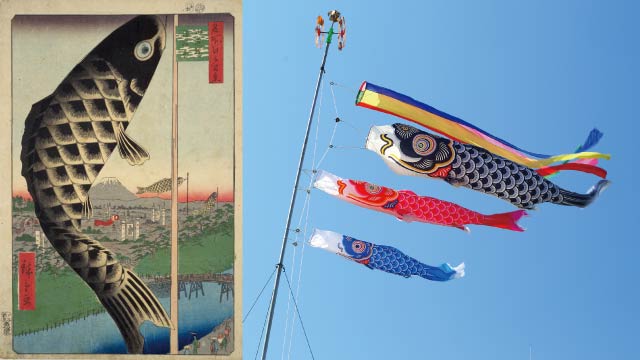 Left: Japanese woodblock print, Ukiyoe, of a carp streamer by Hiroshige Ando in the mid-19th century, Right: Modern carp streamer.