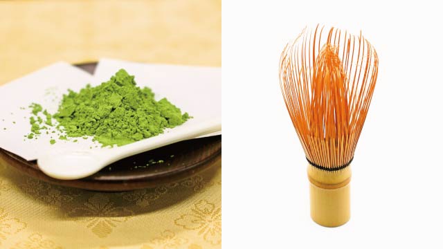 Left: Matcha powder (抹茶), Right: Chasen (茶筅 tea whisk)