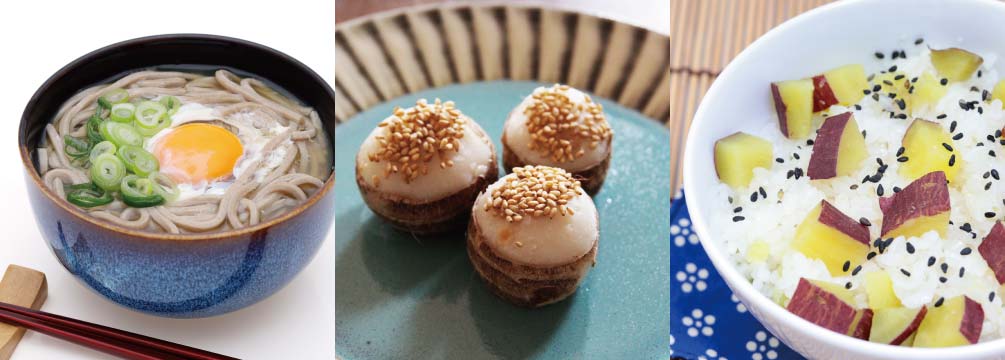 Autumn delicacies associated with moon viewing (from left to right): tsukimi soba (buckwheat noodles), kinukatsugi (taro), sweet potato rice