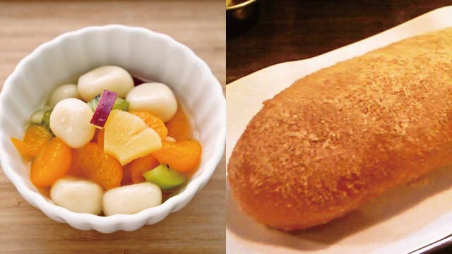 Left: Fruit punch with mochi dumplings, Right: Deep-fried bread