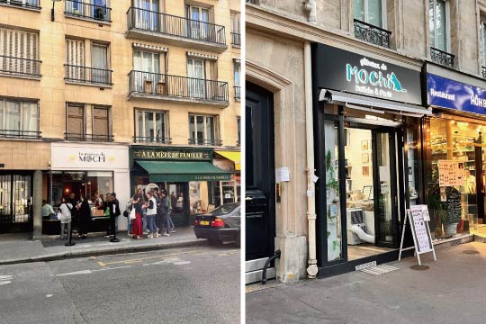 Anticipating customers standing in line at the MOCHI shop in Paris (Left), Exterior view of Gâteaux de Mochi (Right)