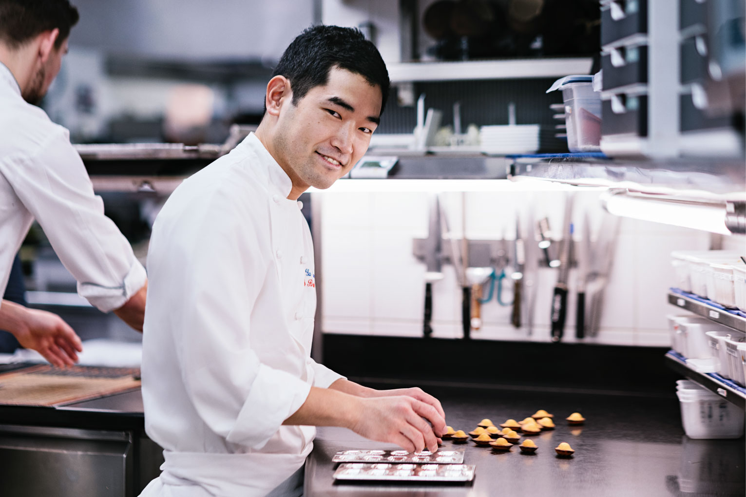 Chef Tanaka working in the vast hotel kitchen, where he leads a team of many pâtissiers. ©Franck Juery