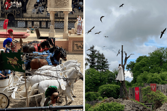 Left：Real horses thundered past before our eyes 	<br>Right：Hundreds of birds soared through the sky, elevating the spectacle