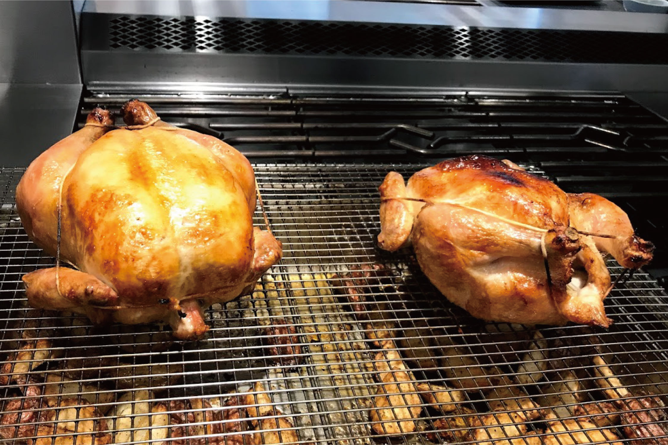 A whole chicken brined with TREHA (left) showed a juicy, evenly browned surface compared to one without TREHA (right).