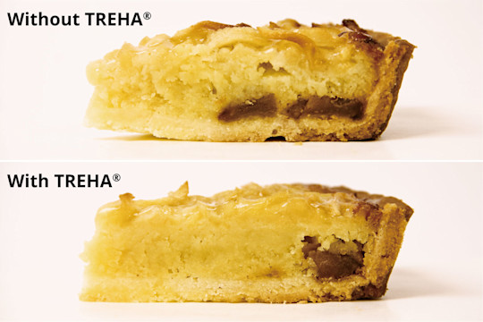Cross section of the tart. The piece of tart with TREHA shows a finer cross section because TREHA retains moisture in the apple preserves during baking. 