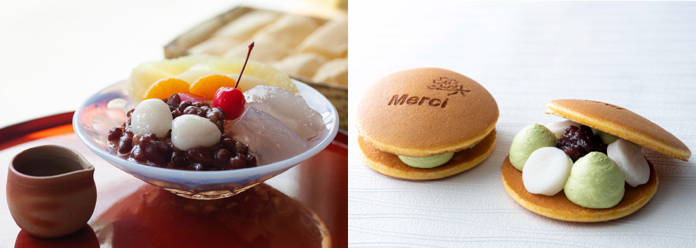 The harmony of anko and mochi, a dessert familiar to the Japanese.<br>Left: Anmitsu（あんみつ）, Right: Dorayaki （どらやき）with Shiratama-Dango（白玉団子）