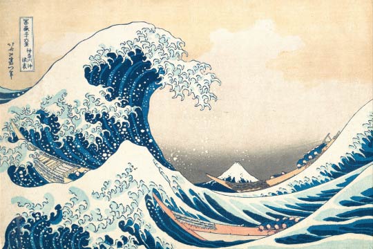 Japanese woodblock print, Ukiyo-e, titled THE GREAT WAVE OFF KANAGAWA by Hokusai Katsushika (About 1830-33).