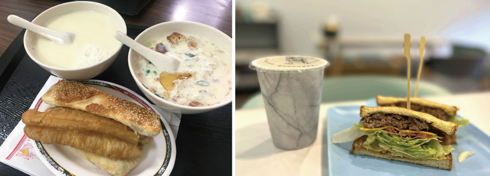 Left:  Traditional items from Dou-Jiang-Dian（Soymilk Shops）<br>Right: The Western menu from Zao-Can-Dian（Breakfast Shops）