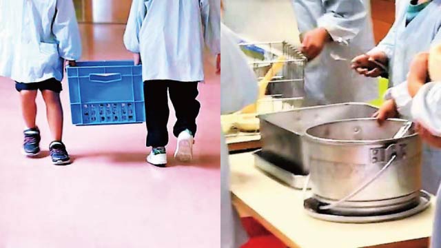Left: Kids carrying a container of milk, Right: Serving school lunches