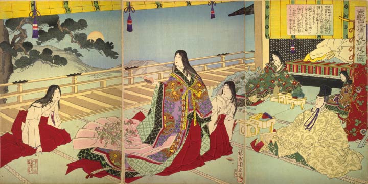 Japanese woodblock print, Ukiyoe, A moon-viewing party held by Emperor Godaigo (1288-1339), by Chikanobu Yoshu published in 1888.