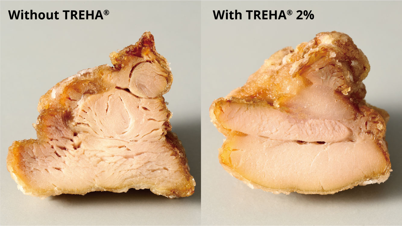 The samples were marinated in a solution with or without TREHA, deep-fried at 345ºF for 2.5 minutes, and stored for 2 hours at room temperature.  The cut surfaces of the samples were evaluated. 