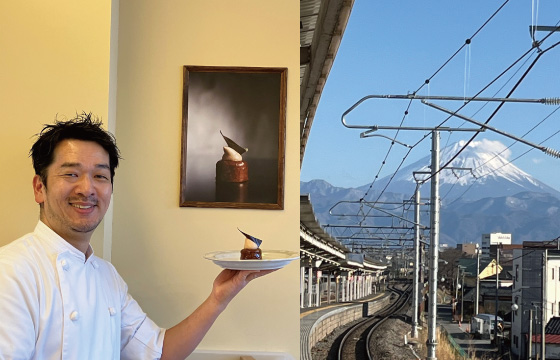 Left: Chef Kohei Ishida holding Les Hommages in front of its portrait.  <br>Right: Mount Fuji viewed from the Nirasaki train platform. 