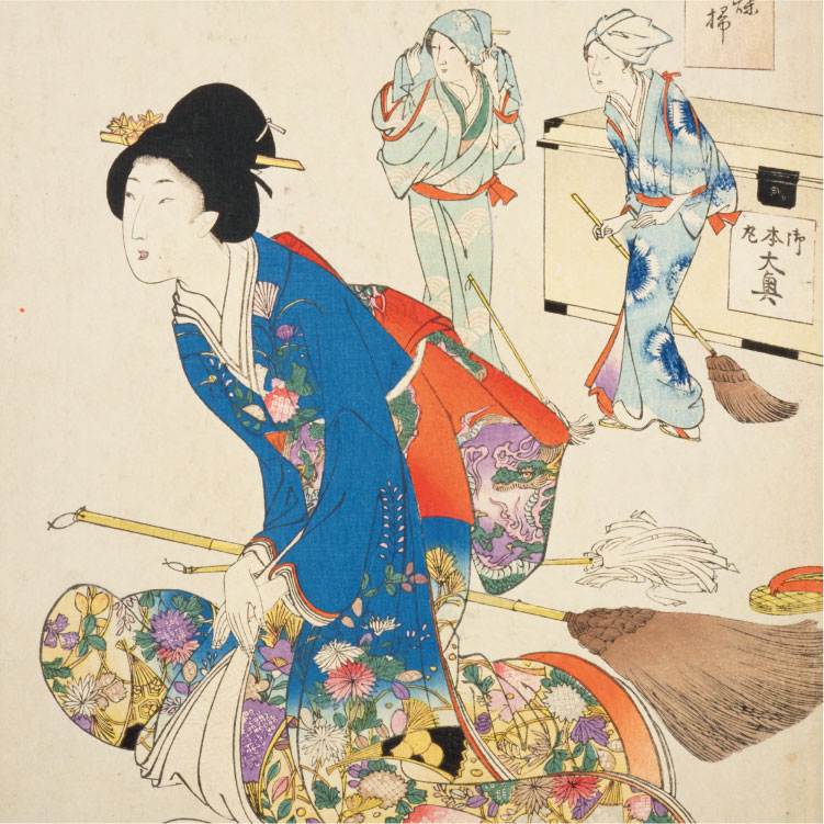 This Ukiyo-e style art depicts a year-end cleaning at Edo castle’s Inner Chambers (大奥 Ooku).